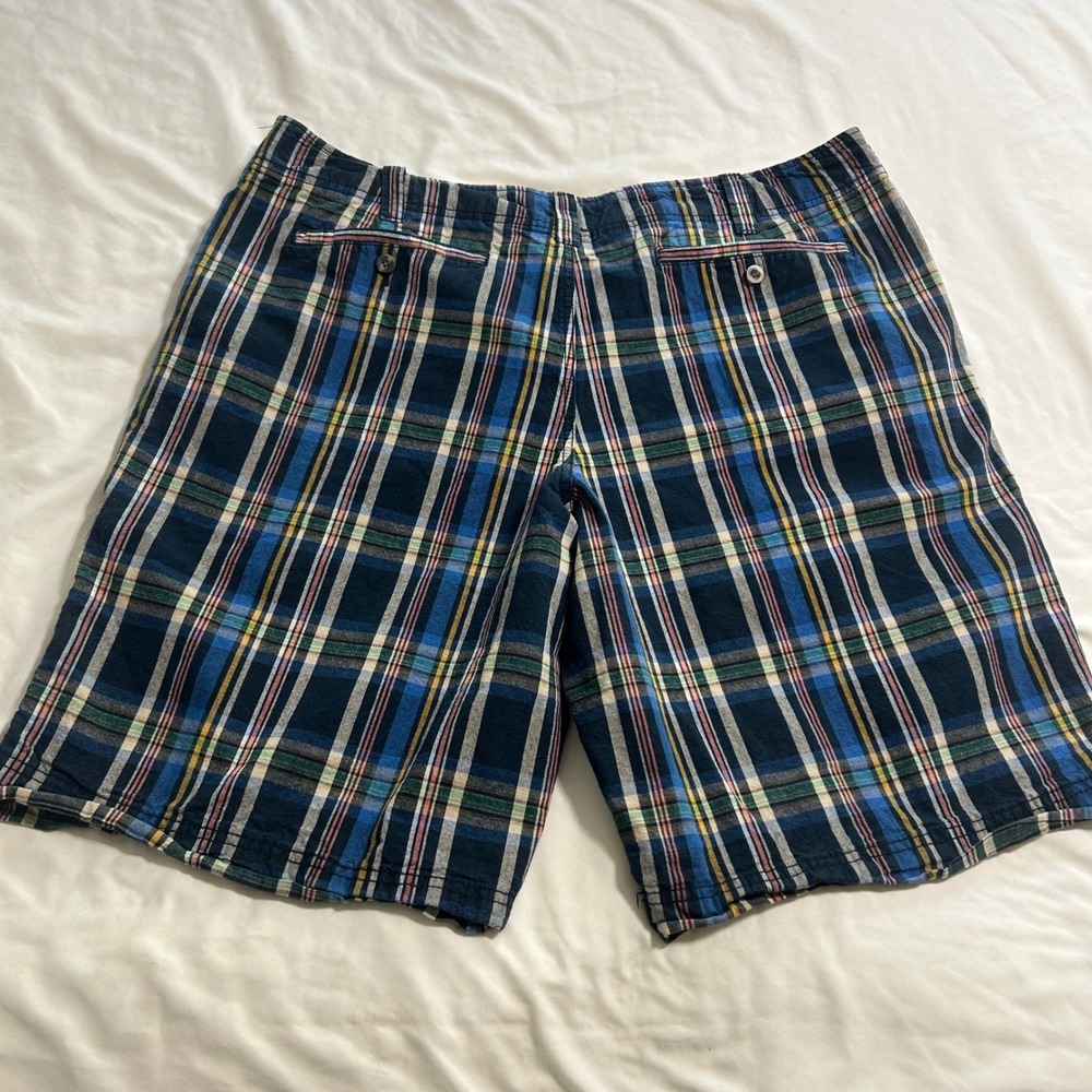 Mossimo Supply Co Mens Plaid Shorts Navy Blue Green Yellow Size 40 Flat Front - Picture 2 of 11